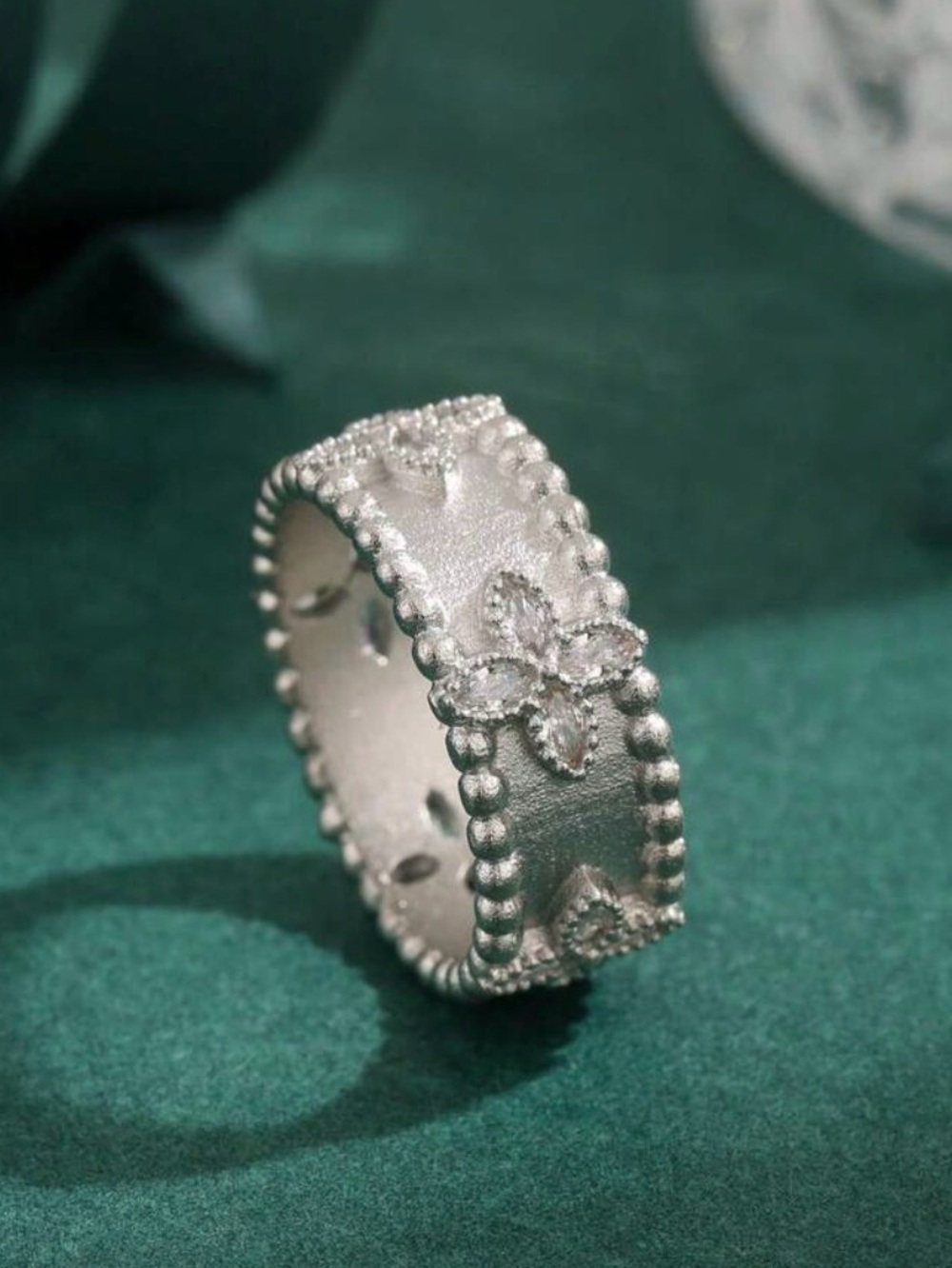 Silver Floral Beaded Band Ring